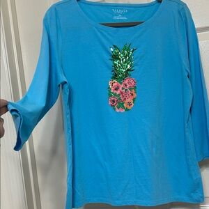 Talbots Pineapple Cotton Tee in Turquoise Aqua Blue w Green Sequins Seed Beads